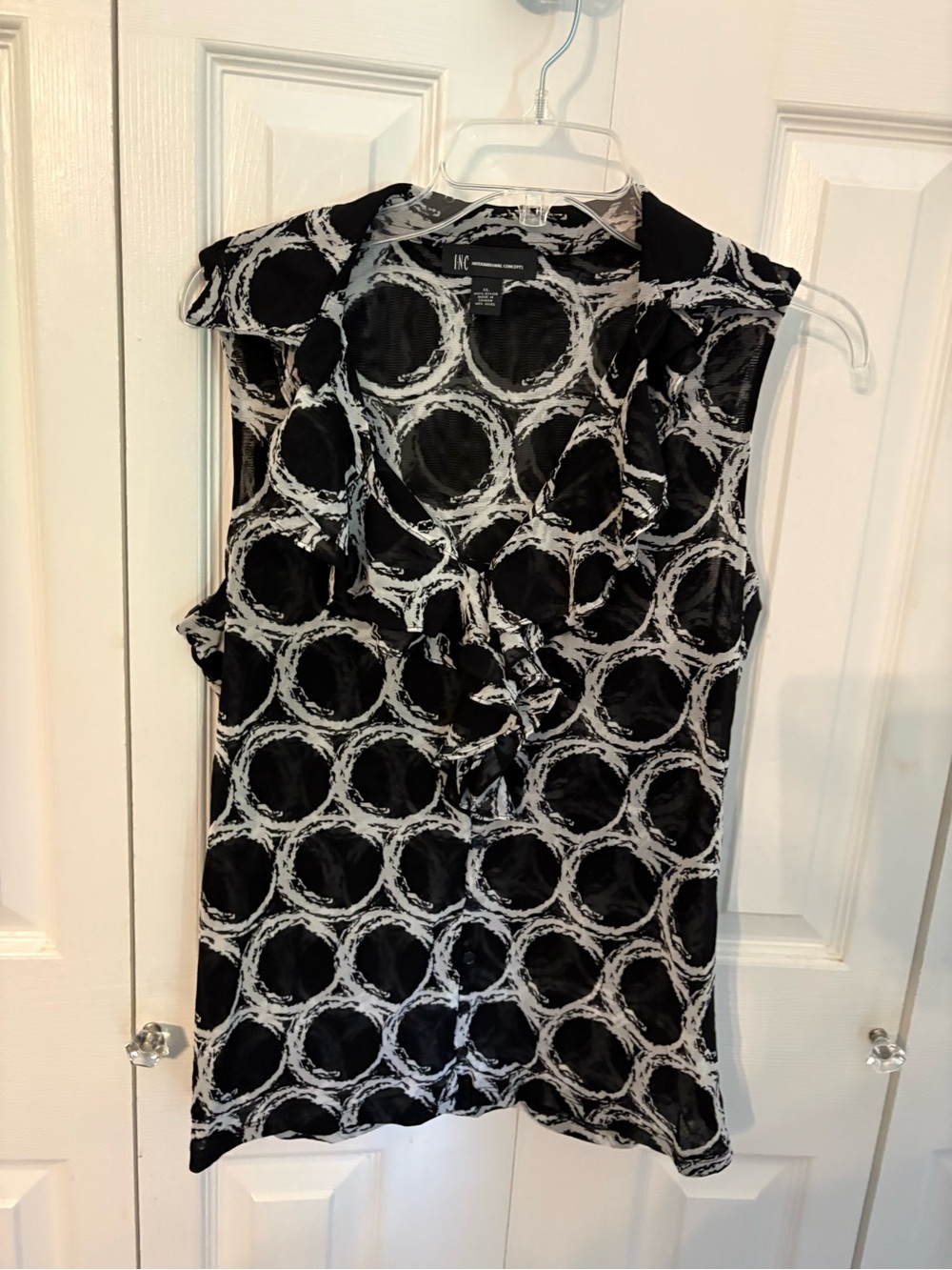 INC International Concepts Black and White Ruffle Front Sleeveless Blouse